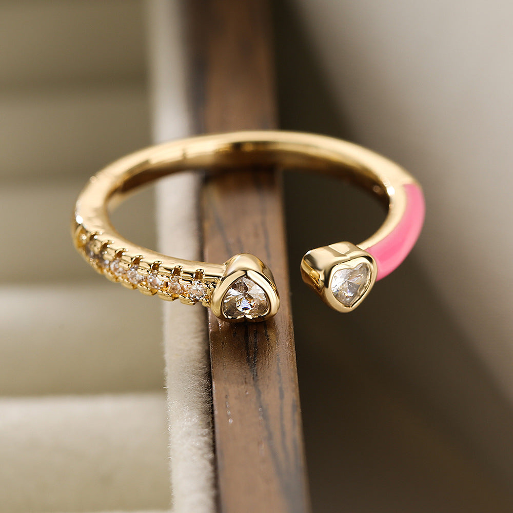 Anello Aperto Geometrico Minimalista da Donna in Ottone con Placcatura in Oro Vero e Finitura Smaltata con Intarsio in Zirconia Cubica