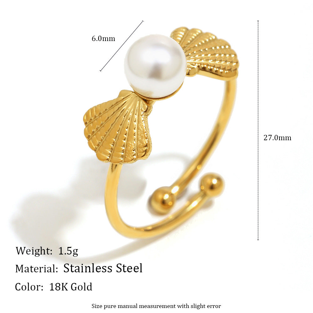Retro French-Inspired Minimalist Geometric Stainless Steel Plated 18K Gold Open Ring for Women with Pearl-Like Finish