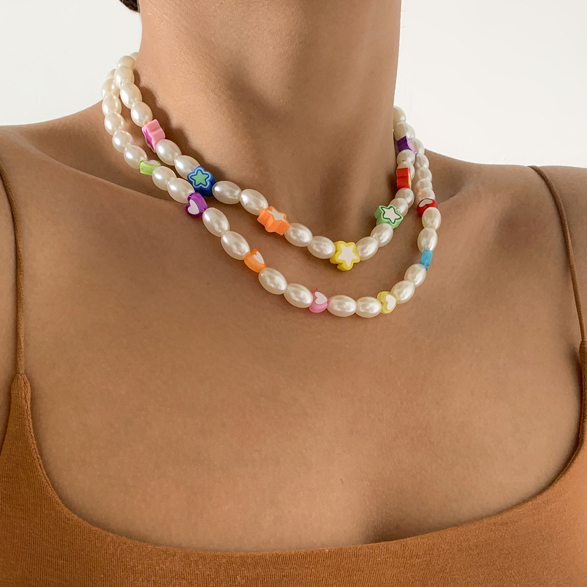 Minimalist Star and Heart Shape Resin Necklace Set for Women with Geometric Design and Pearl-Like Beads