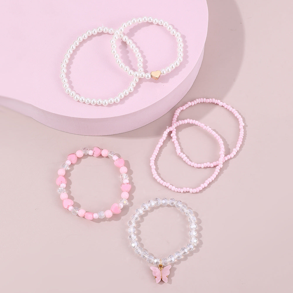 Set di braccialetti per bambini con perle dolci, cuore e farfalla, in stile minimalista