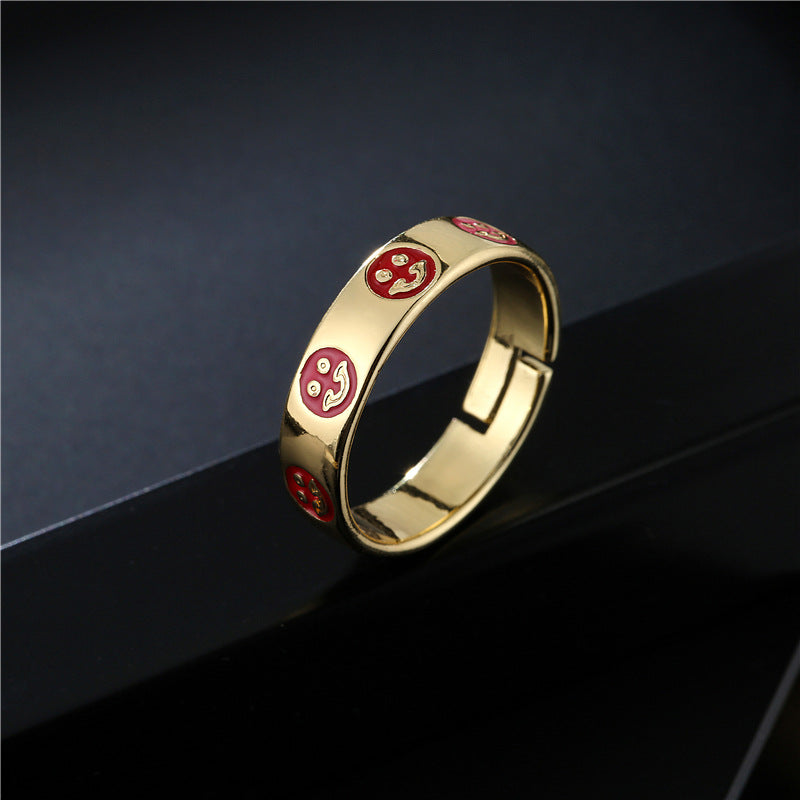Geometric Floral Drip Oil Gold Plated Brass Ring for Women