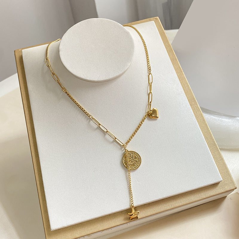 Round Queen Head Tassel Star Titanium Steel Plated Pendant Necklace with Cable Chain