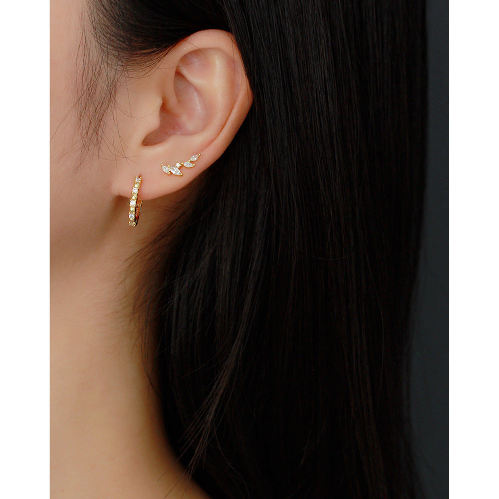 Sweet 925 Sterling Silver Geometric Leaf Olive Branch Cubic Zirconia Stud Earrings