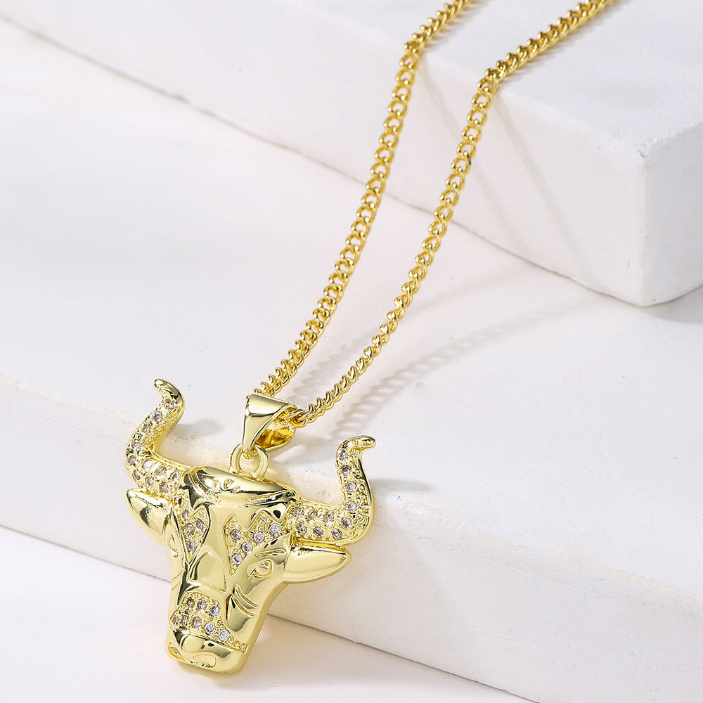 Punk Style Bull Pendant Necklace for Women with Copper Base and 18K Gold Plating, Minimalist Animal Design Locket Chain
