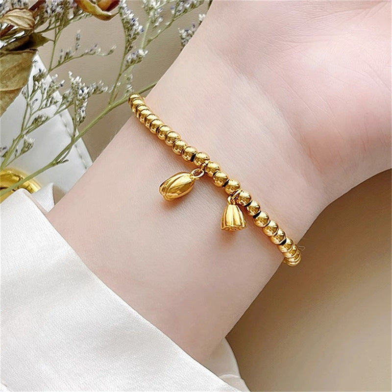 Pulsera con diseño geométrico de semillas y vainas de loto, estilo OL, de acero inoxidable con chapado en oro