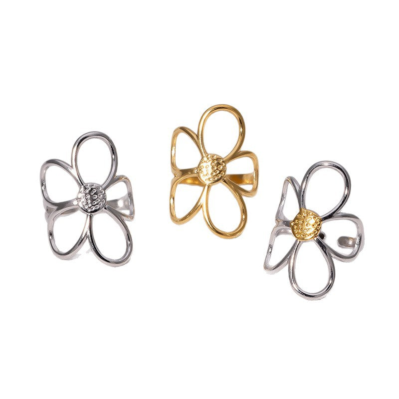 Minimalist Two-Tone Hollow Flower Open Ring 18K Gold Plated Stainless Steel Jewelry for Women