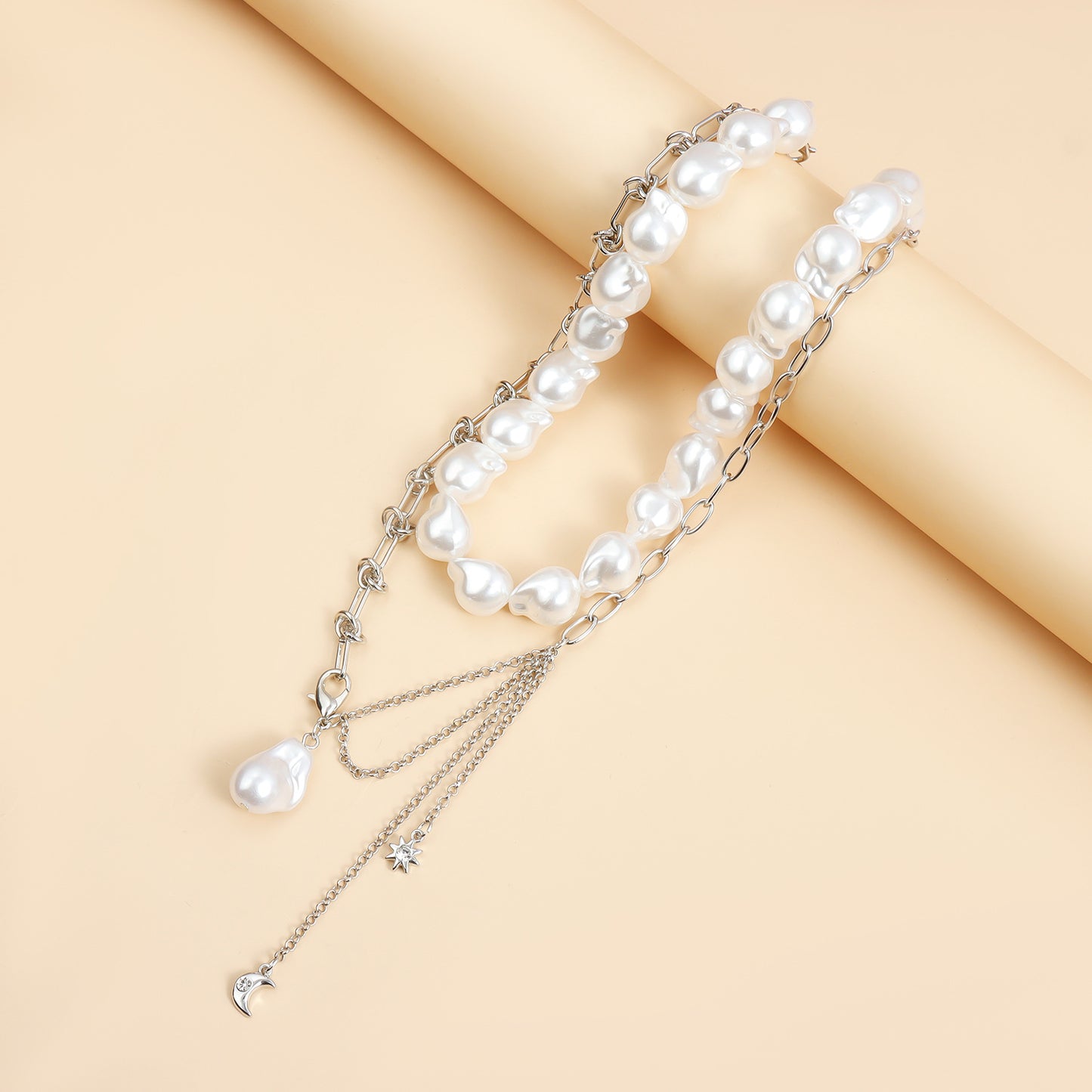 Minimalist Moon and Octagram Geometric Pendant Necklace for Women with Imitation Pearl and Alloy Charm, Electroplated Clavicle Chain