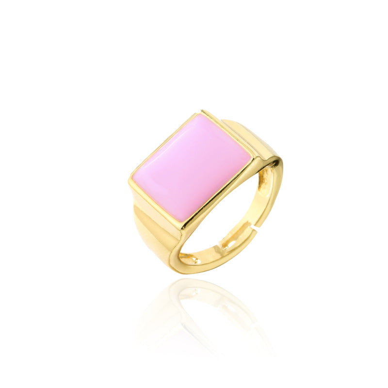 Geometric Square Gold Plated Drip Oil Brass Open Ring for Women