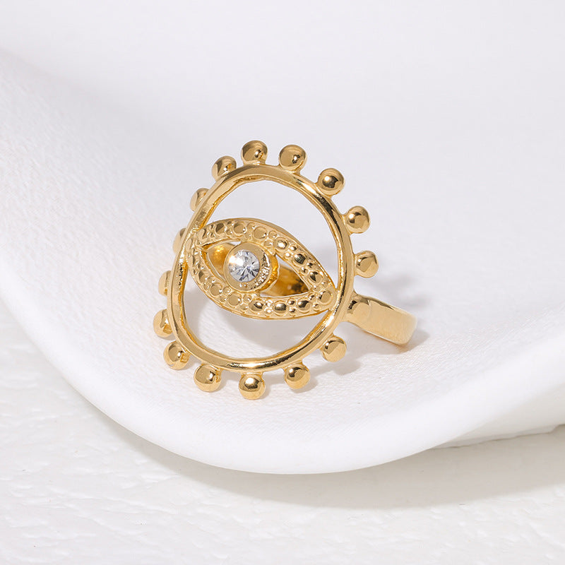 Anello Aperto Geometrico Minimalista da Donna in Acciaio Inossidabile con Placcatura in Oro 18 carati e Occhio di Allah con Strass