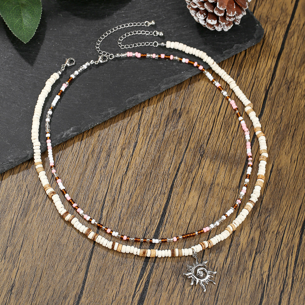 Casual Handmade Geometric Sun Alloy Pendant Coconut Shell Ball Chain Necklace Multi-layer Beach Vacation Jewelry