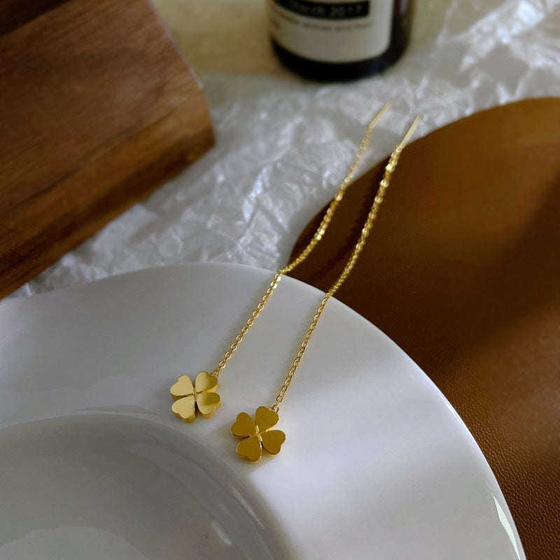 Minimalist Geometric Four-Leaf Clover Titanium Steel Drop Earrings for Women