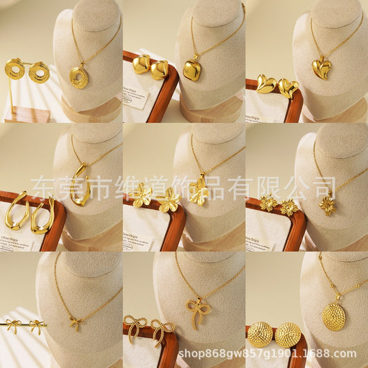 Minimalist Gold Plated Stainless Steel Jewelry Set with Floral Heart and Bow Pendant on Cable Chain for Women