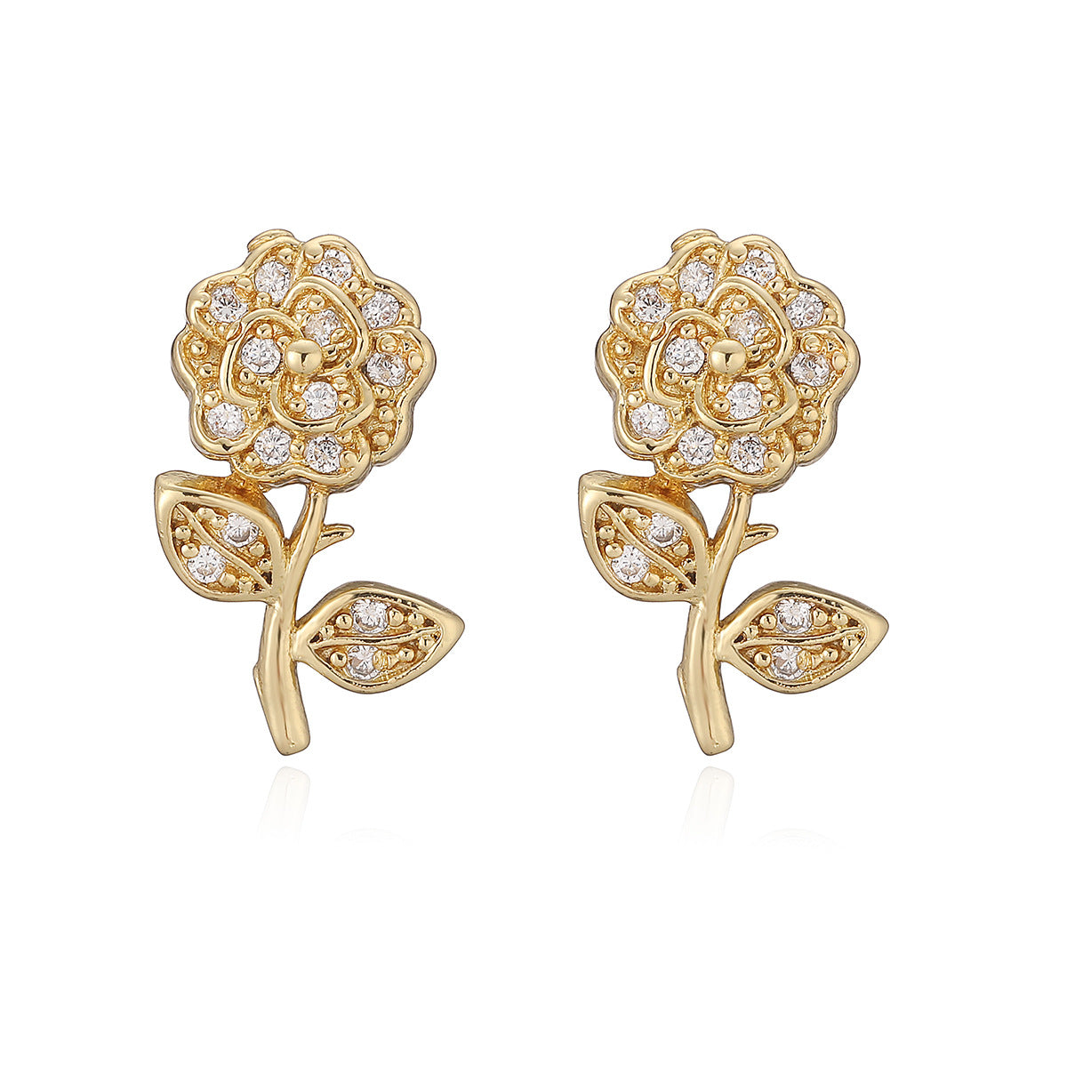 Elegant 18K Gold Plated Brass Floral Geometric Cubic Zirconia Stud Earrings for Women