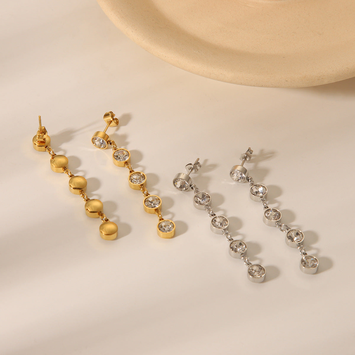 Fashionable Geometric Tassel 18K Gold Plated Stainless Steel Round Rhinestone Earrings for Women