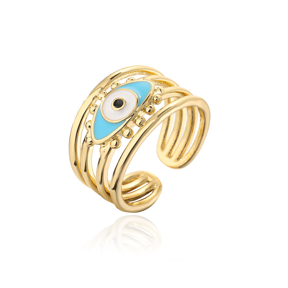 Anello Aperto Geometrico Minimalista da Donna con Base in Rame, Placcatura in Oro 18K e Smalto a Forma di Occhio di Allah