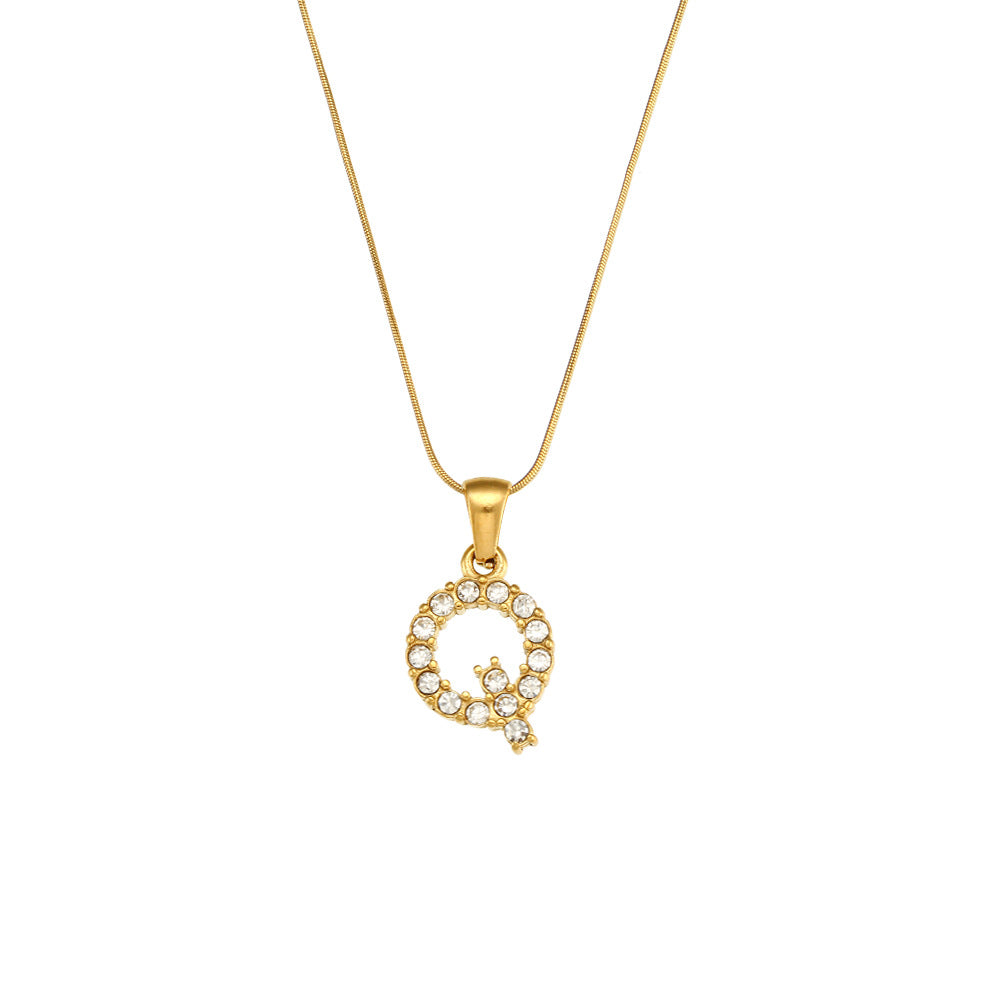 Fashion Minimalist Letter Pendant Necklace in Stainless Steel with 18K Gold Plating and Cubic Zirconia on Thin Snake Chain for Women