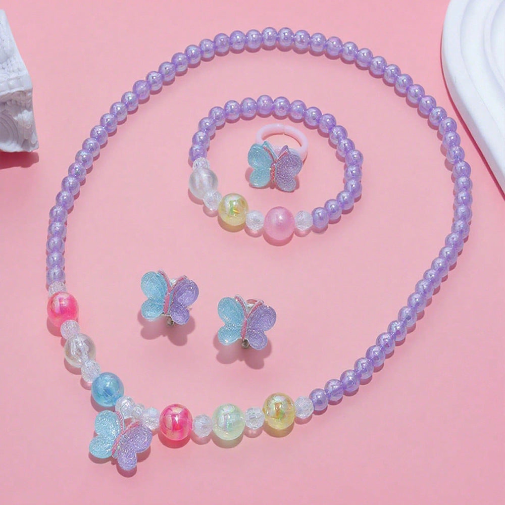 Set de collar de mariposa estilo caricatura para niños con dije de resina en cadena de cuentas con formas de corazón, estrella y flor