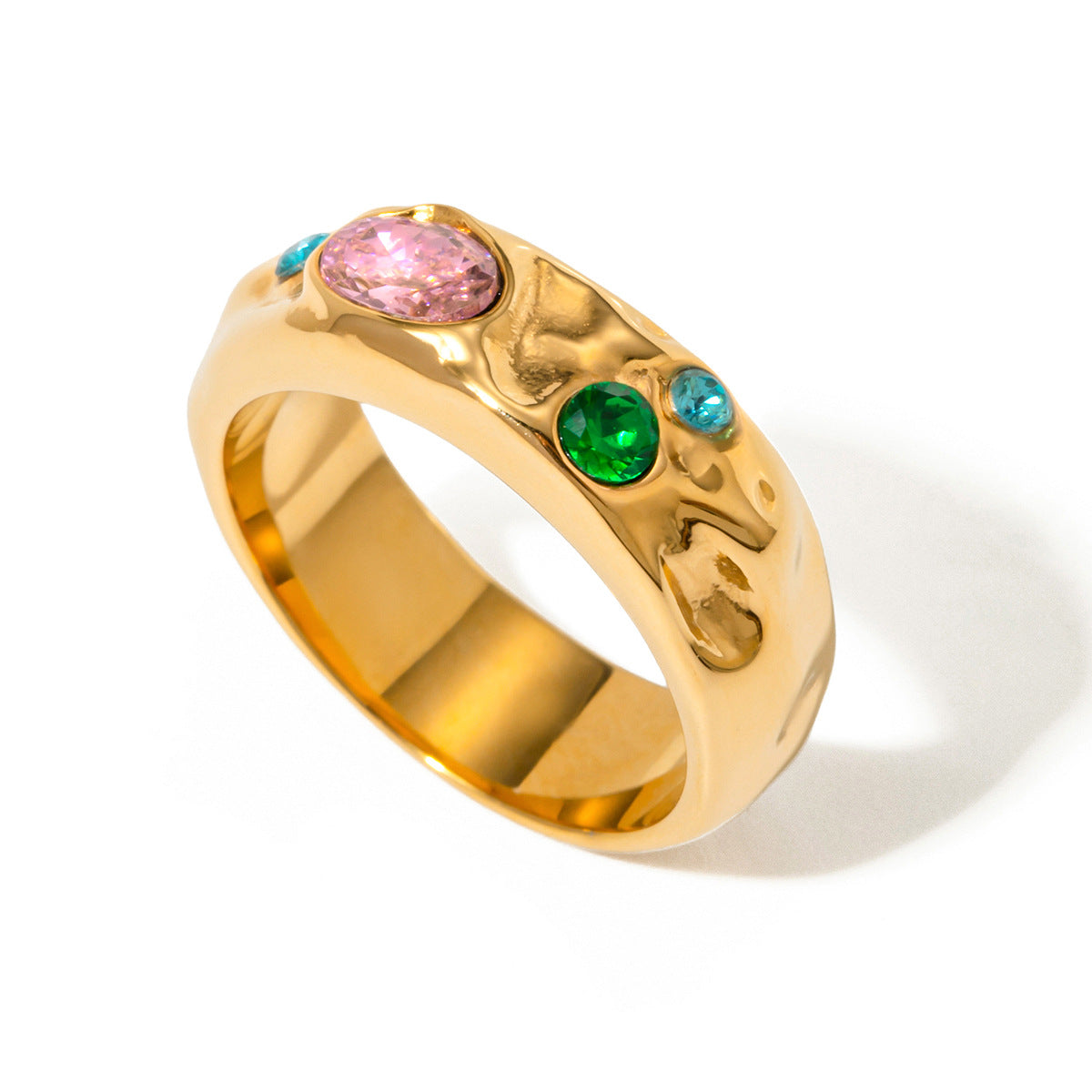 18K Gold Plated Geometric Stainless Steel Ring with Pink Blue and Green Cubic Zirconia