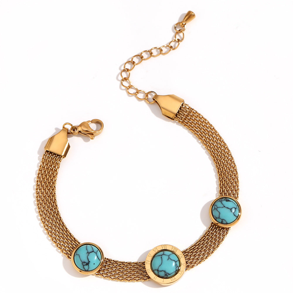 Pulsera de malla con cuentas redondas de turquesa geométrica estilo vintage para mujer en acero inoxidable con baño de oro de 18 quilates
