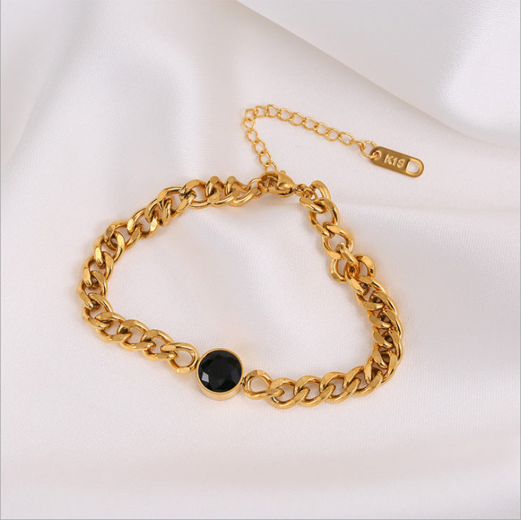 Bracciale Minimalista Punk Vintage in Acciaio al Titanio con Accenti di Strass Neri Sfaccettati Tondi e Design a Maglia Serpente