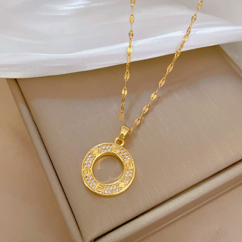 Collana girocollo da donna in acciaio al titanio di lusso, con ciondolo geometrico a cerchio e intarsio di strass, delicata