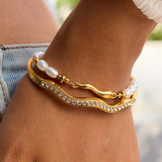 Pulsera geométrica de acero inoxidable con diamantes de imitación para mujer con acabado chapado, joyería de lujo