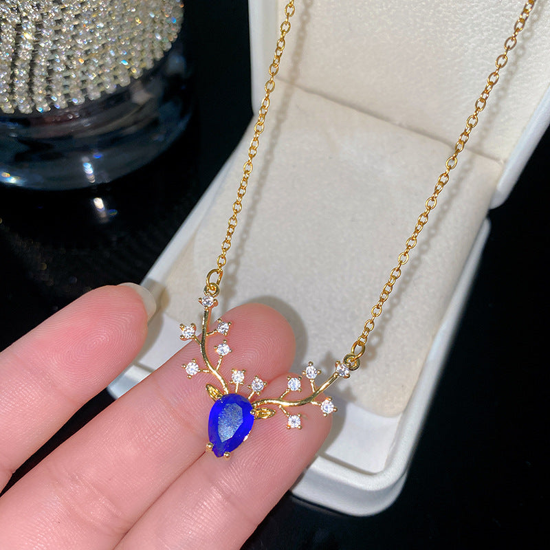 Vintage Gold Plated Brass Deer Pendant Cubic Zirconia Necklace on Titanium Steel Cable Chain