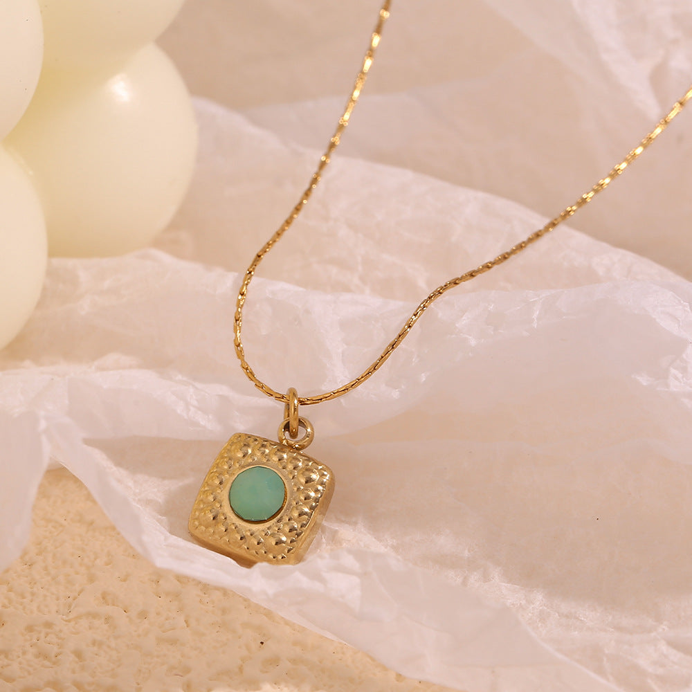 Minimalist Square Scale-Texture Green Stone Pendant Necklace for Women in Stainless Steel with 18K Gold Plating