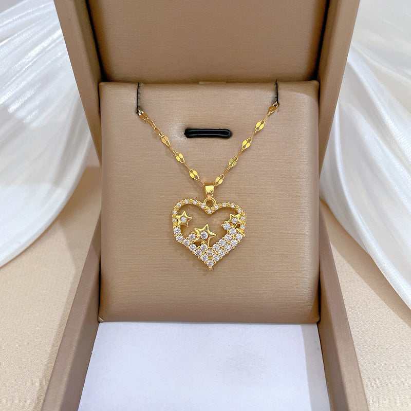Luxury Titanium Steel Geometric Star Pendant Necklace for Women with Rhinestone Inlay, Adjustable Chain Length 21-50 cm