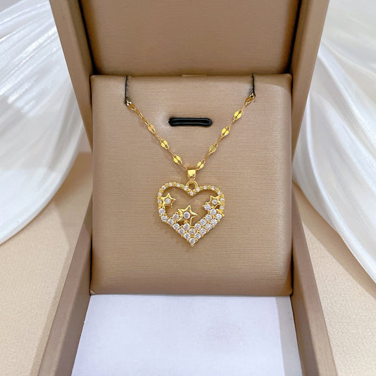 Collar de Lujo con Colgante de Estrella Geométrica de Acero de Titanio para Mujer con Incrustaciones de Diamantes de Imitación, Longitud de Cadena Ajustable 21-50 cm