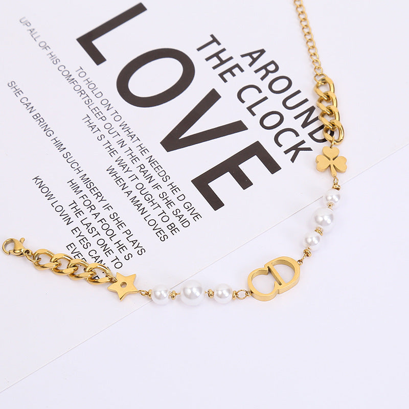 Sweet Minimalist Titanium Steel Bracelet with Gold Plated CD Star and Leaf Charms for Women