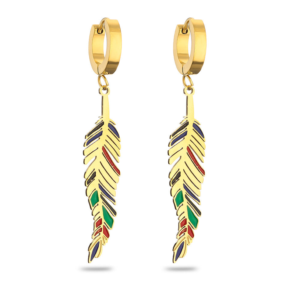Bohemian Style Leaf-Shaped Titanium Steel Earrings for Women with Enamel Blue Eye Detail and Micro-Pave Setting