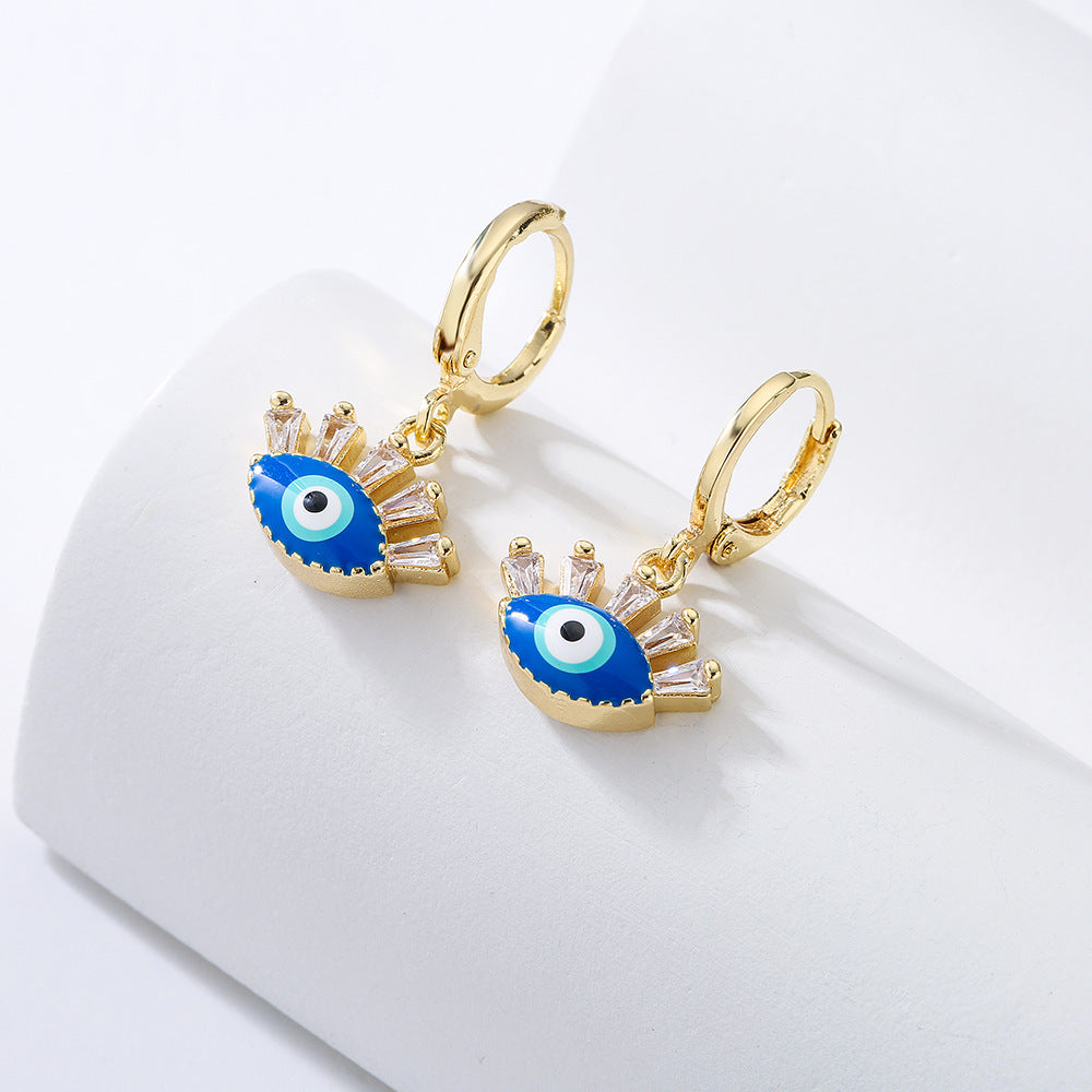 Geometric Demon Eye Earrings for Women with Copper Base Plated in 18K Gold and Enamel-Set Zirconia