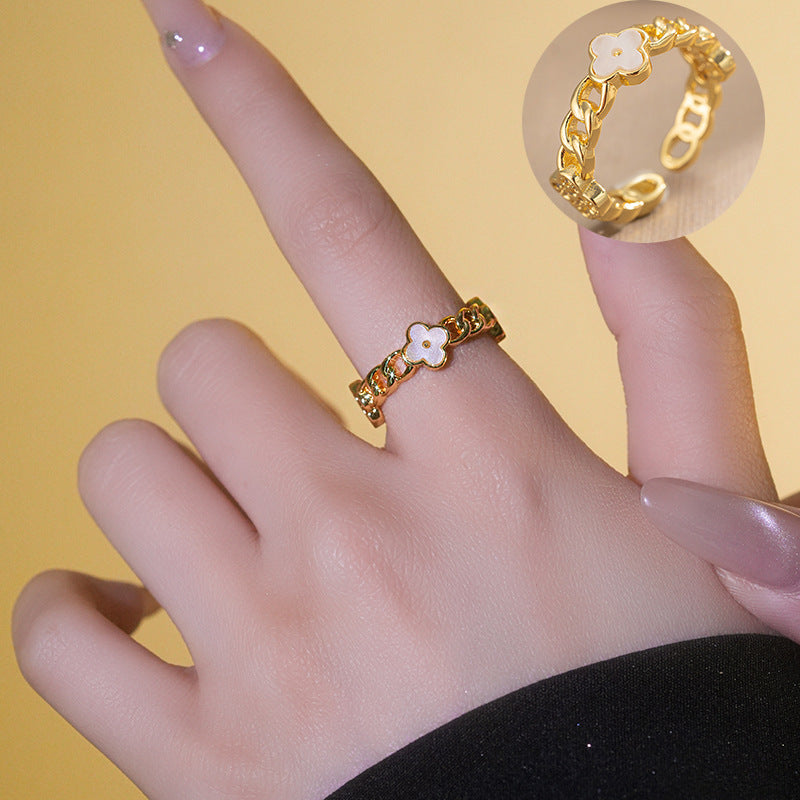 Minimalist Geometric Shell and Four-Leaf Clover Open Ring for Women in Gold-Plated Copper with Heart Accent