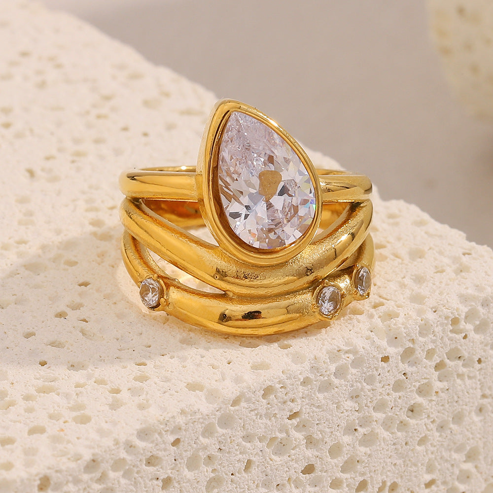 Fashionable Geometric Stainless Steel Plated 18K Gold Multi-Layer Teardrop Zircon Ring for Women