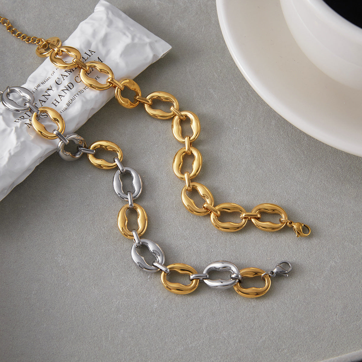Geometric Stainless Steel Plated Bracelet for Women with Color-Block Design, Luxury Minimalist Fashion Accessory