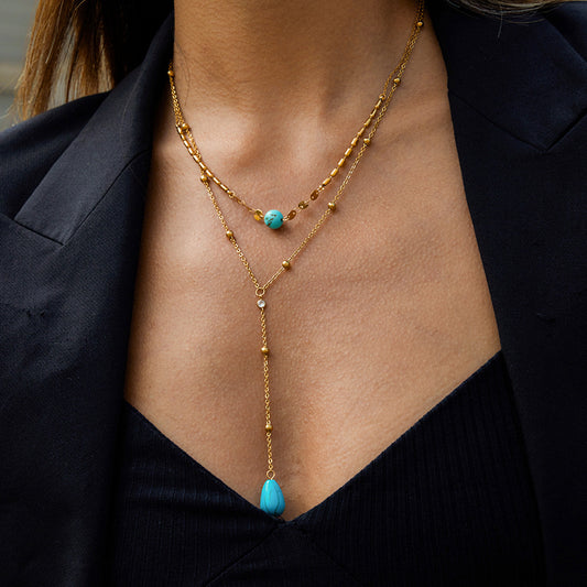 Minimalist Geometric Turquoise Pendant Y-Necklace in Titanium Steel with Plated Finish for Women