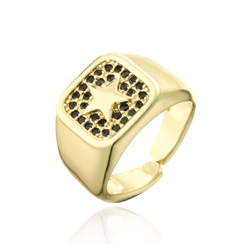 Punk Style Geometric Star-Shaped Copper Ring with 18K Gold Plating and Micro-Pave Zirconia