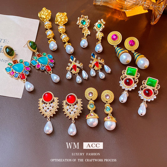 Pendientes Colgantes de Perlas Vintage con Postes de Acero Inoxidable con Baño de Oro para Mujer