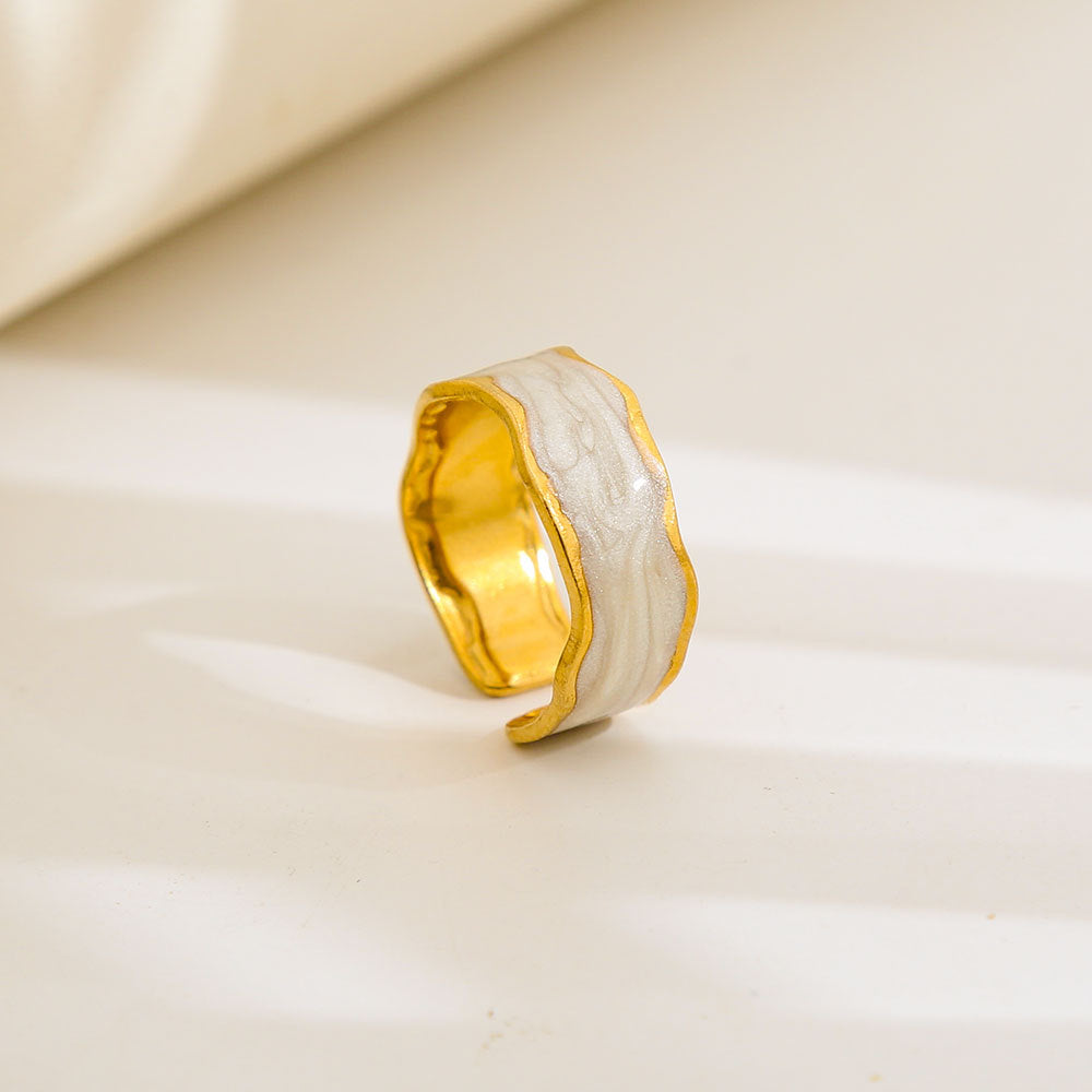 Anello geometrico rotondo in acciaio al titanio con smalto bianco e nero, regolabile, in stile vintage
