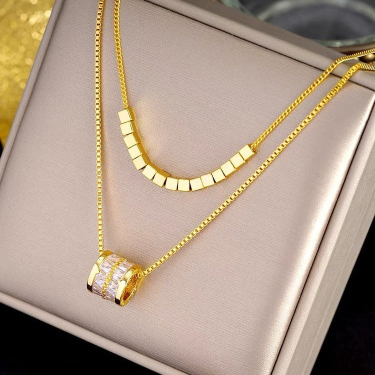 Collar Minimalista de Doble Capa con Zirconia, Colgante Geométrico, de Acero Inoxidable Chapado, Cadena O, Unisex