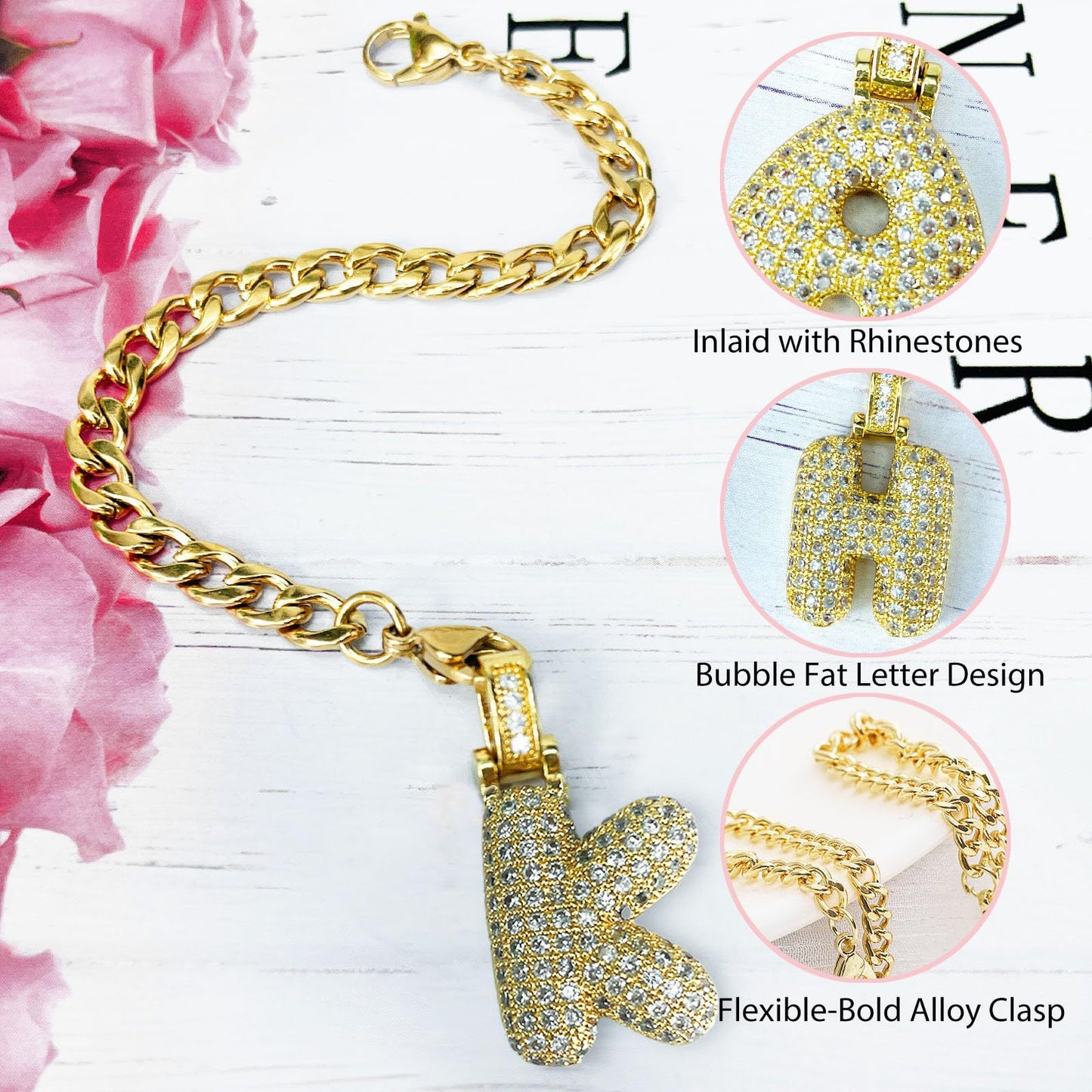 Cubic Zirconia Inlaid Brass Letter Charm Bar with Plated Finish