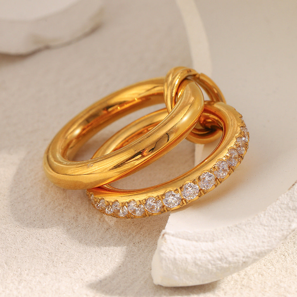 Minimalist Geometric Stainless Steel Ring with 18K Gold Plating and Double-Layer Zircon Inlay for Women