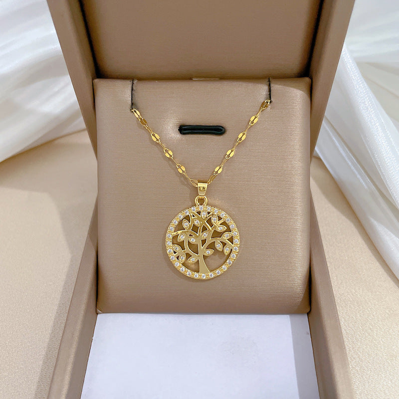 Collana Pendente Albero della Vita di Lusso in Acciaio al Titanio con Intarsio di Zirconi per Donna, Design Geometrico, Delicata Catena alla Clavicola