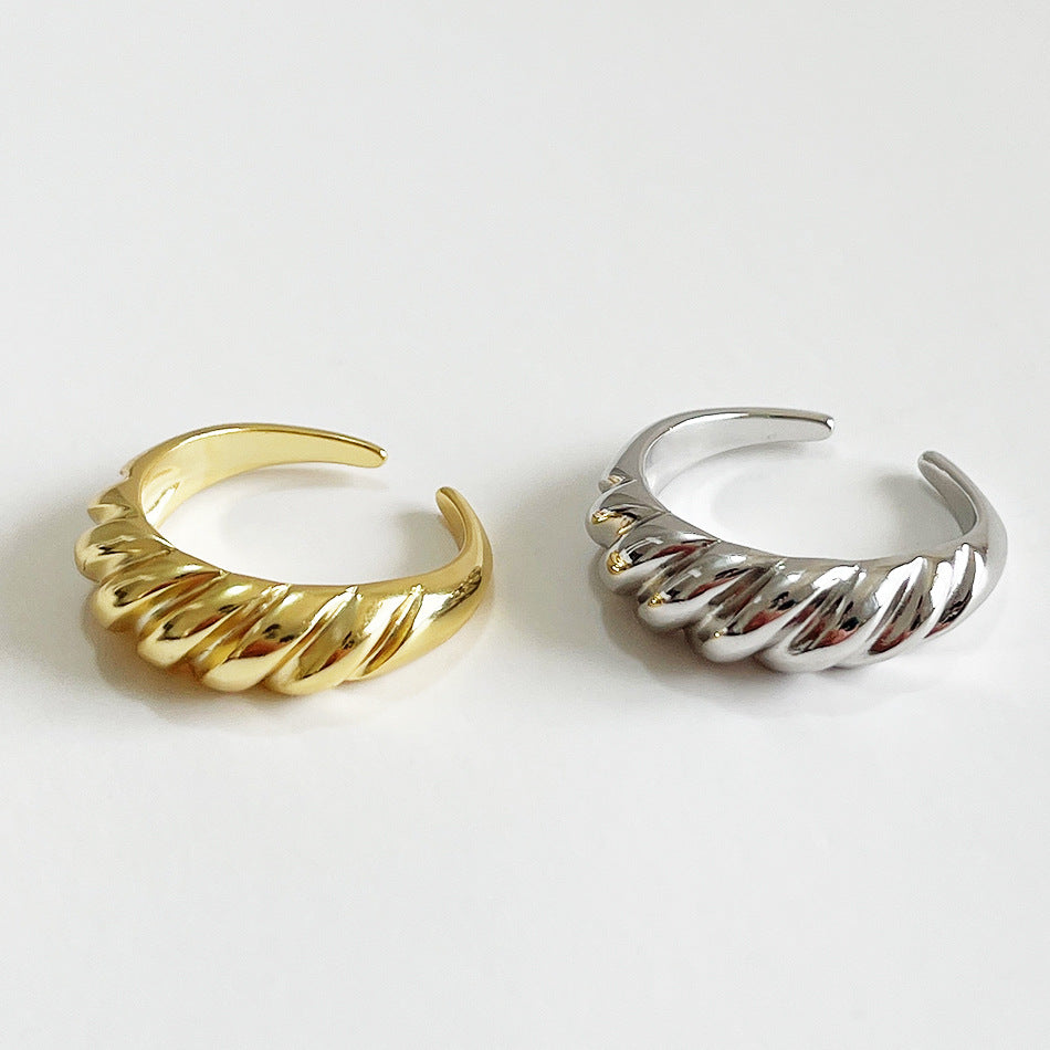 French Style Minimalist 925 Sterling Silver Geometric Rope Chain Wide Band Ring for Women