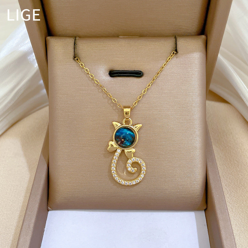 Sweet Elegant Cat Starry Sky Rhinestone Pendant Titanium Steel Cable Chain Necklace