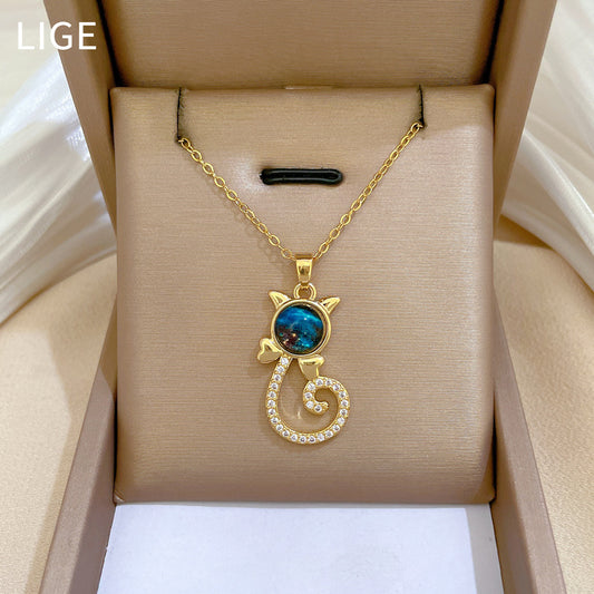 Sweet Elegant Cat Starry Sky Rhinestone Pendant Titanium Steel Cable Chain Necklace