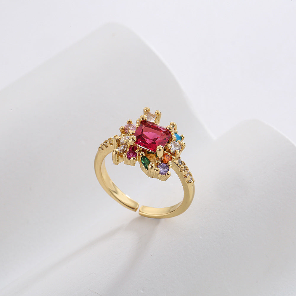 Minimalist Geometric Open Ring for Women with Copper Base Plated in 18K Gold and Micro-Paved Zirconia