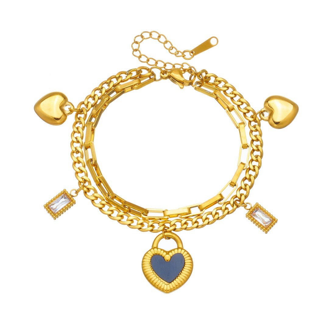 Luxury Gold Plated Stainless Steel Double Layer Chain Bracelet with Heart and Square Pendants for Women