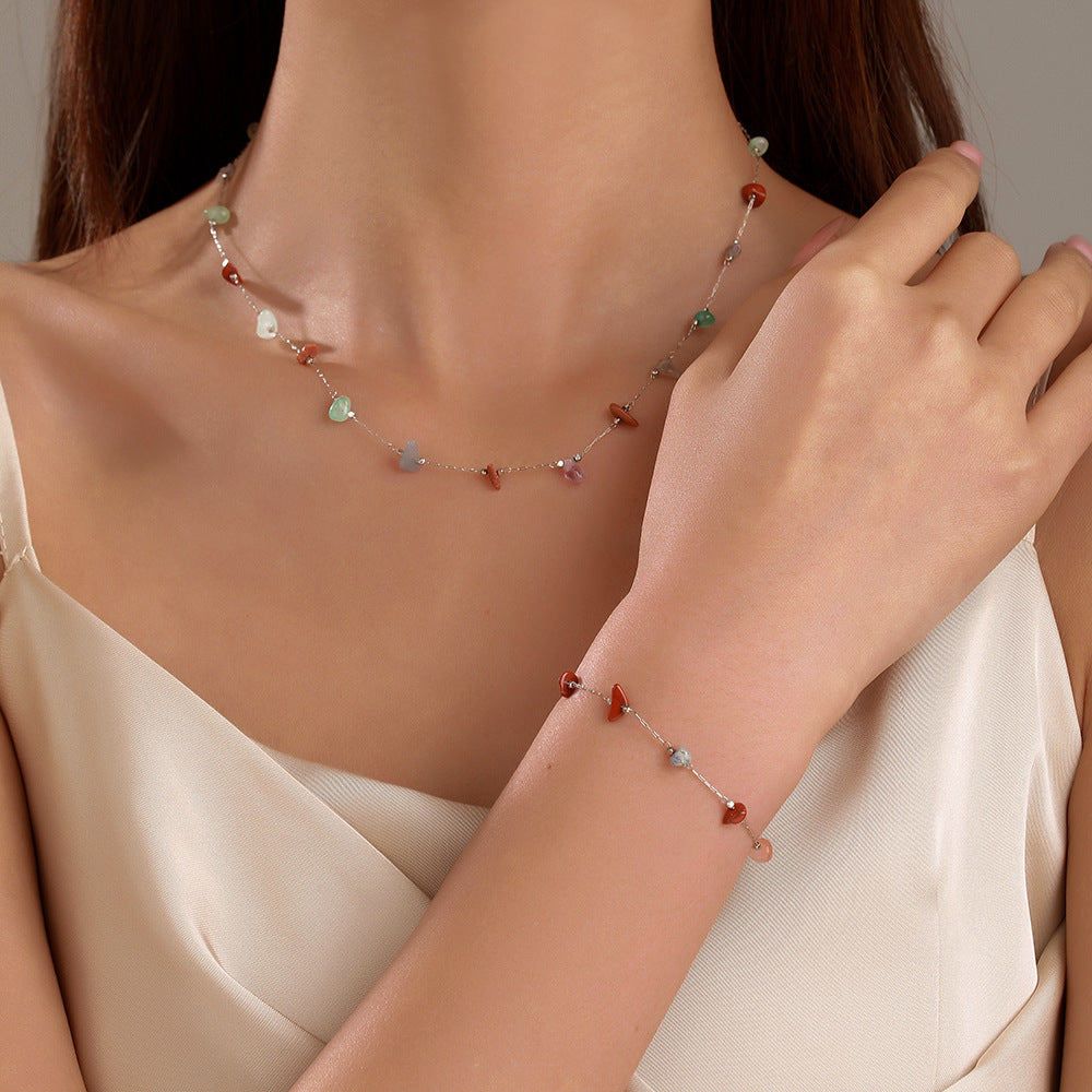 Colorful Irregular Raw Stone Geometric Necklace and Bracelet Set for Women